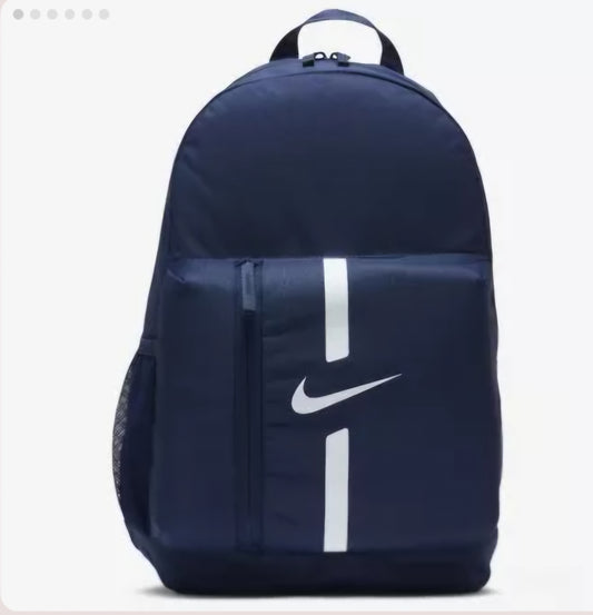Navy blue Nike backpack Front View with a white swoosh logo and vertical white stripes on the front pocket.