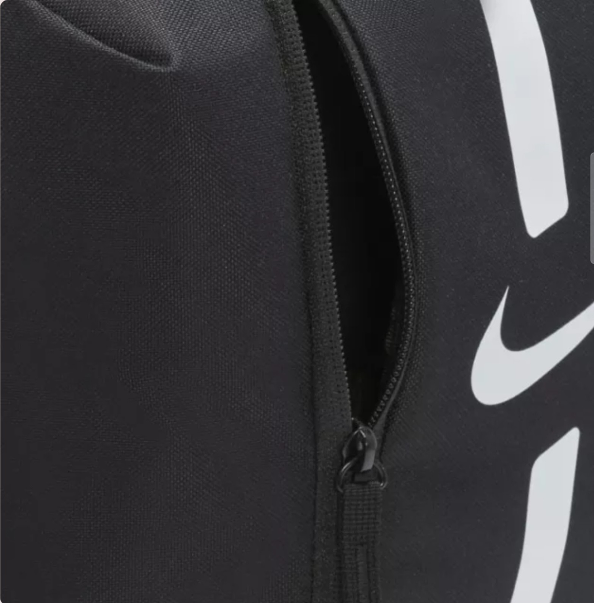 Nike Black Rucksack Backpack Close Up side view detail with side open zipper